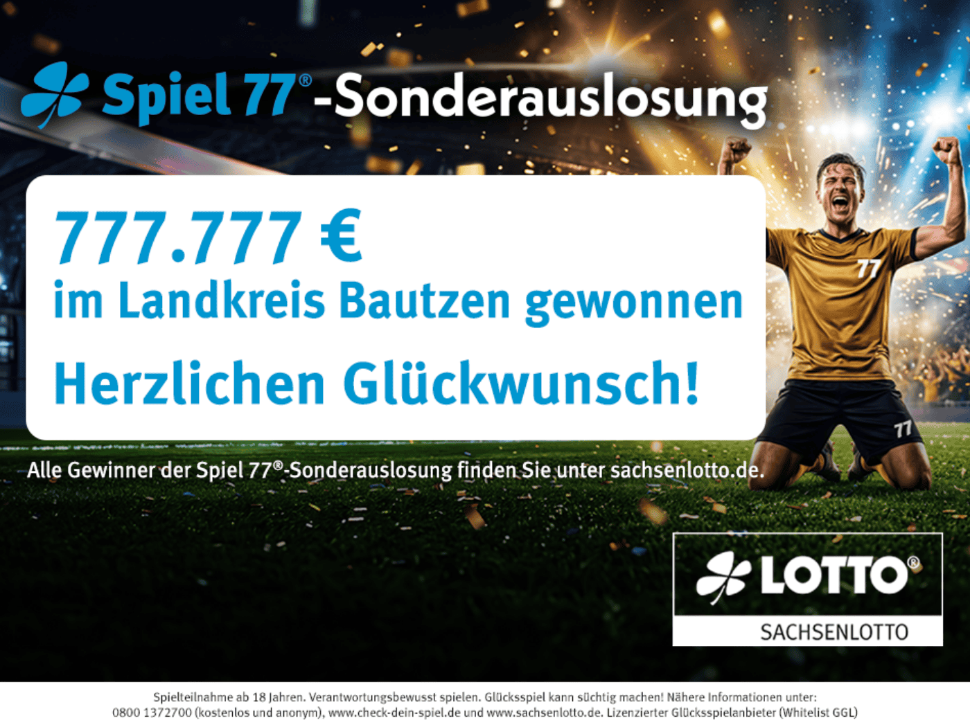 Spiel 77 Sonderauslosung: Person jubelt auf Fußballfeld im Stadion mit Konfetti und Lichtshow, Lotto Sachsenlotto Kampagnenmotiv