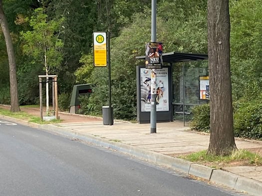 Blick auf eine Straße an einer Bushaltestelle in Dresden mit dichtem Gebüsch und Bäumen im Hintergrund. Rechts neben dem gläsernen Wartehäuschen duckt sich ein olivgrüner, kastenartiger Messanhänger (Superblitzer) ins Grün.