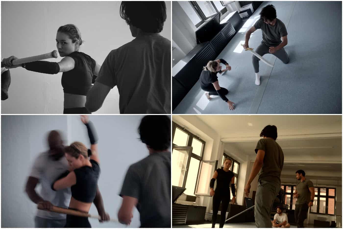 Stuntproben und Kampfchoreografie für den Vampirfilm „Thicker Than Blood“ Vierteilige Bildcollage von Stuntproben: Hauptdarstellerin Samia Hofmann und Stuntprofis trainieren Nahkampf- und Schwert-Choreografien in einem Trainingsraum mit Holzschwertern.
