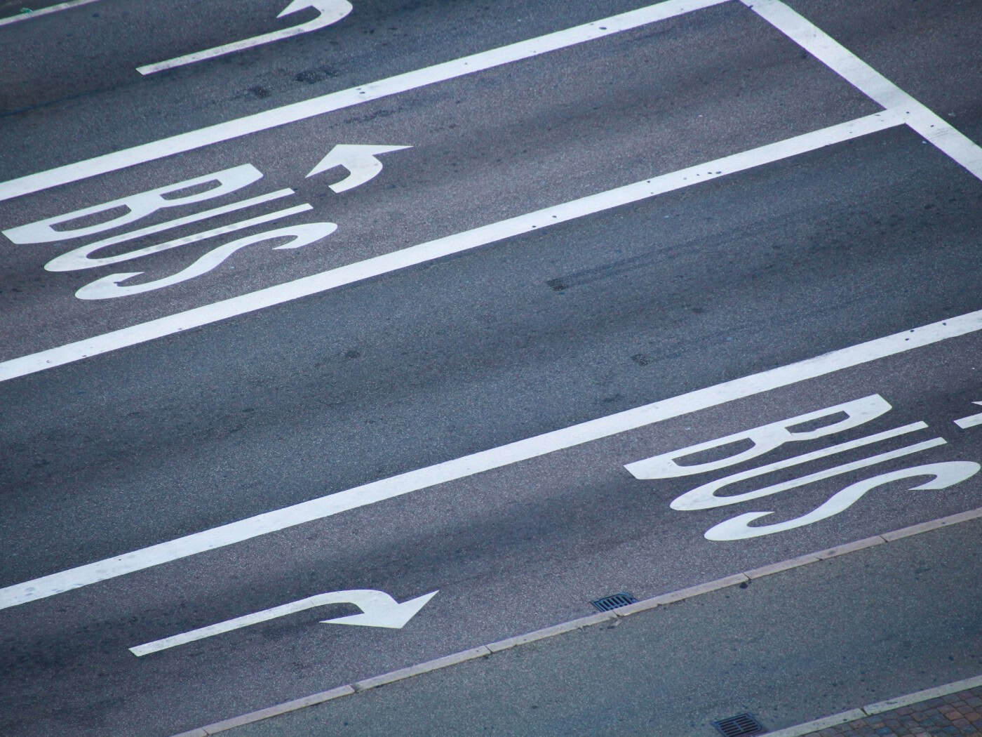 Draufsicht auf eine asphaltierte Straße mit weißen Fahrbahnmarkierungen für zwei Busspuren. Das Wort "BUS" ist in großen Buchstaben auf den Asphalt gemalt, jeweils mit einem Pfeil nach links und rechts.