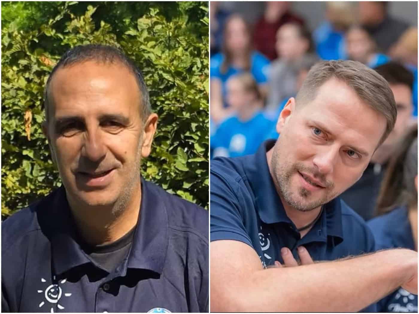 Zweigeteiltes Porträt der neuen DVV-Bundestrainer: Links der Italiener Matteo Ingratta lächelnd vor grünem Hintergrund, rechts Andreas Renneberg in der Sporthalle mit Zuschauern im Hintergrund.