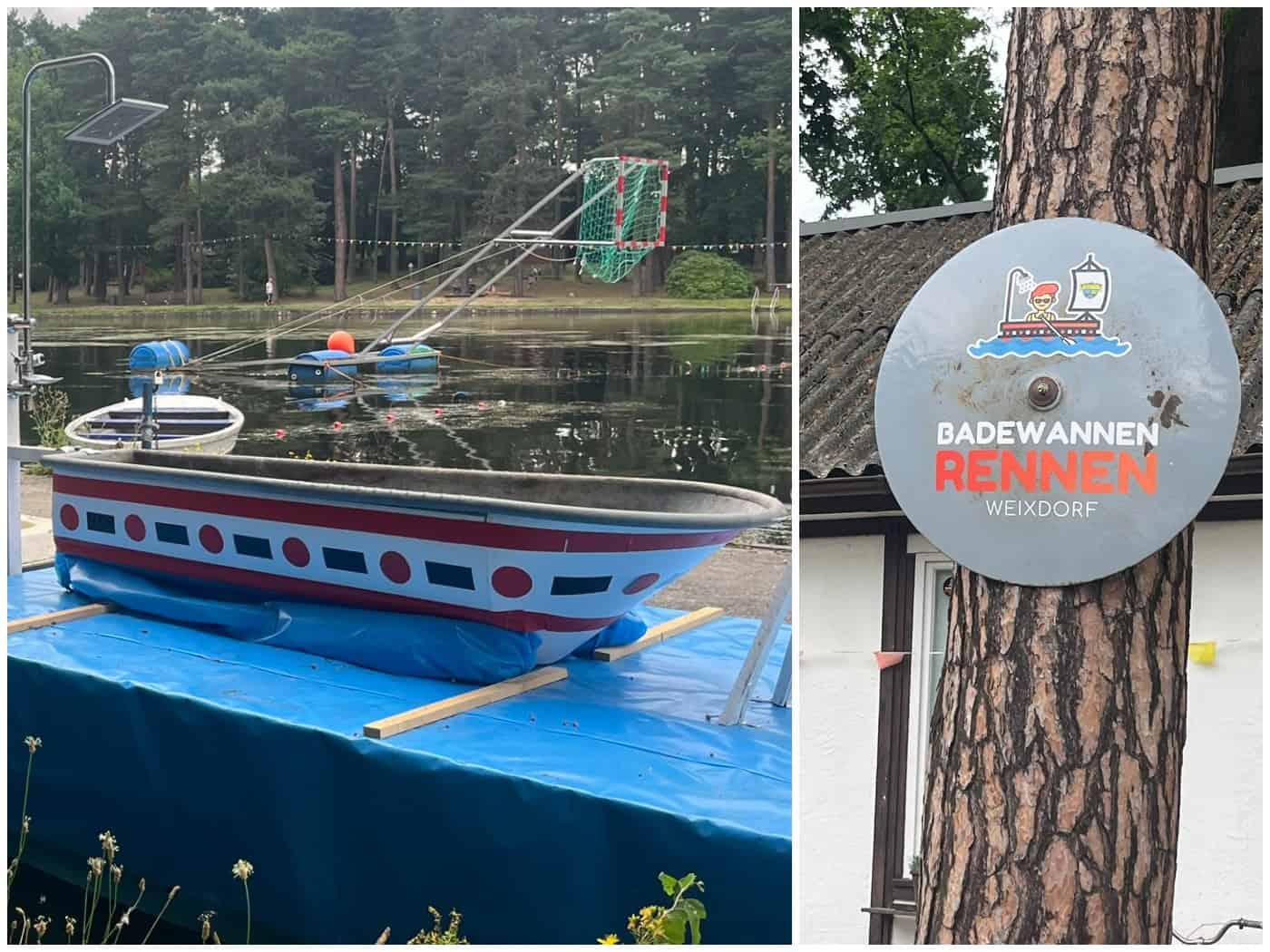 Zweigeteiltes Bild: Links eine als Rennboot umgebaute, bunt bemusterte Badewanne auf einer blauen Schwimmplattform am Ufer des Waldbads Weixdorf. Rechts ein rundes Schild mit der Aufschrift „Badewannen Rennen Weixdorf“, das an einem Baumstamm befestigt ist.