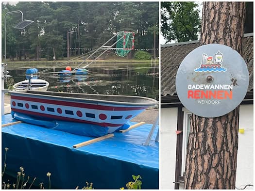 Zweigeteiltes Bild: Links eine als Rennboot umgebaute, bunt bemusterte Badewanne auf einer blauen Schwimmplattform am Ufer des Waldbads Weixdorf. Rechts ein rundes Schild mit der Aufschrift „Badewannen Rennen Weixdorf“, das an einem Baumstamm befestigt ist.
