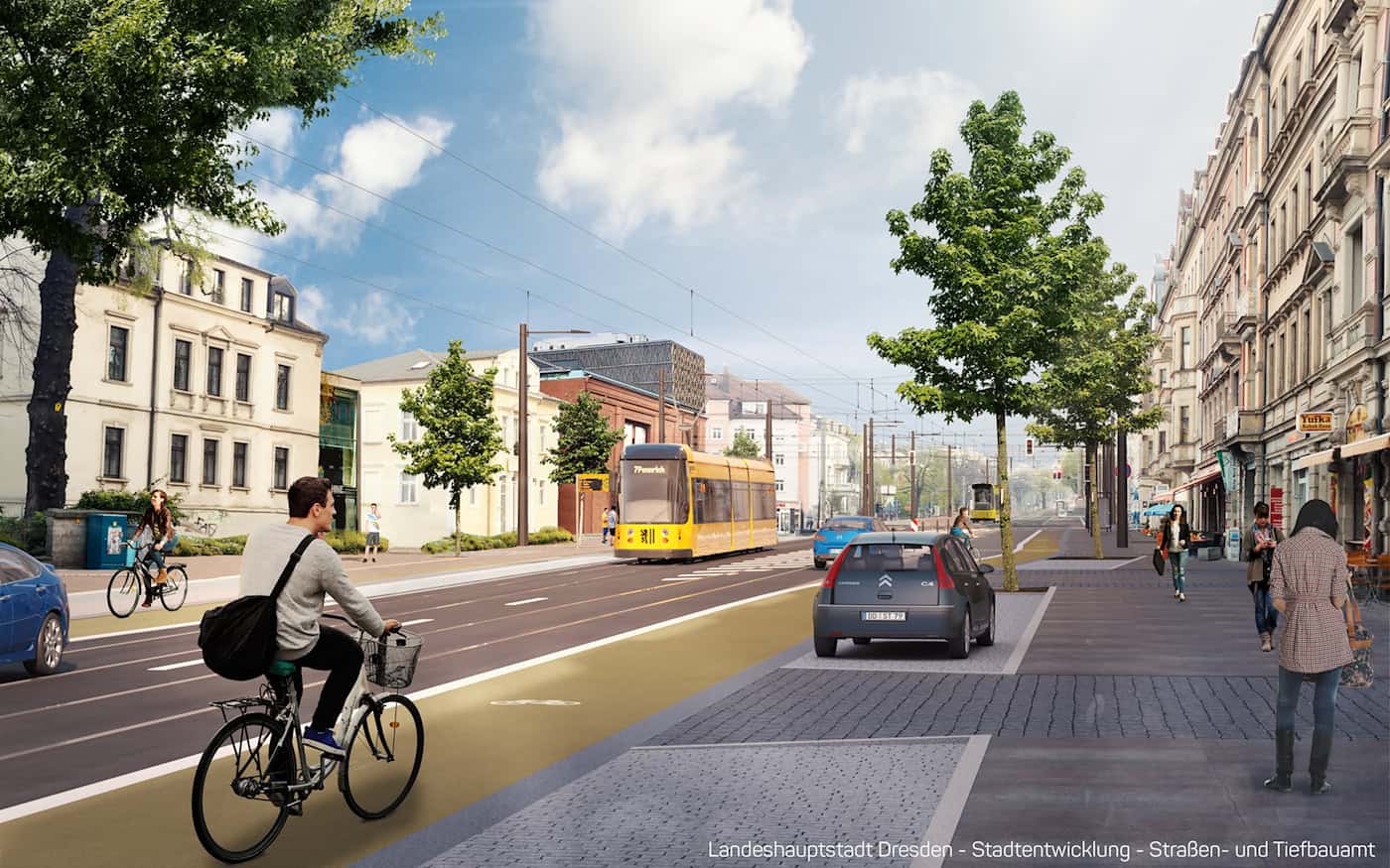 Digitale Zukunftsdarstellung einer breiten Stadtstraße mit modernem Asphalt, einer gelb markierten Radspur links, Straßenbahngleisen in der Mitte mit fahrender Bahn sowie gepflanzten Bäumen und Gehwegen an beiden Straßenseiten.