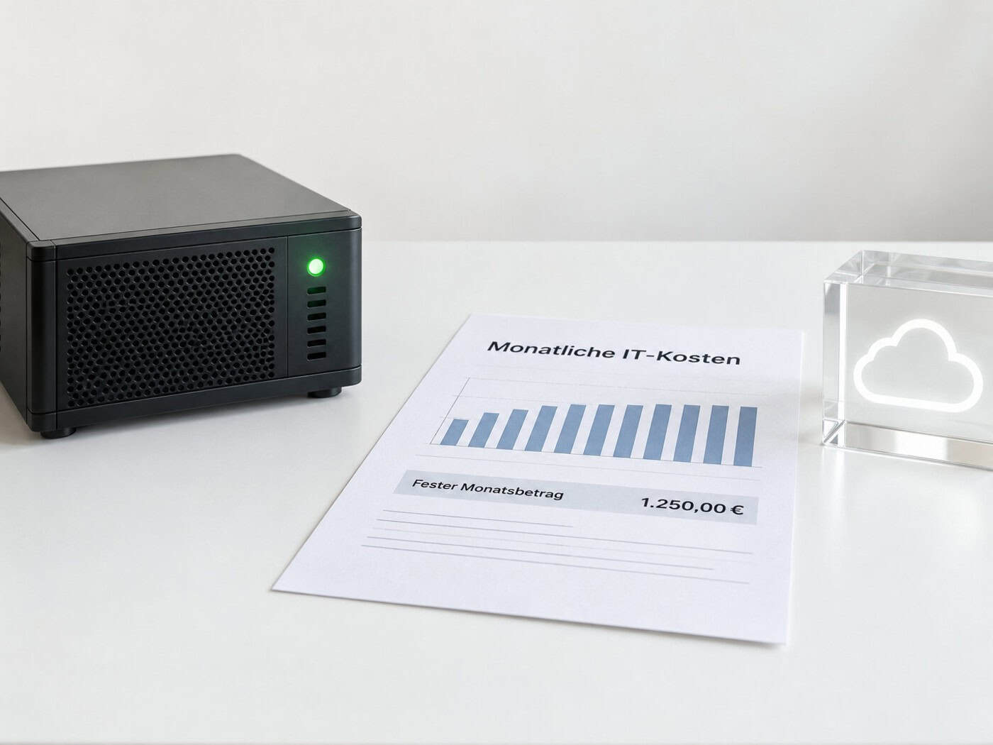 Server mit Wolke-Symbol und Diagramm zu monatlichen IT-Kosten