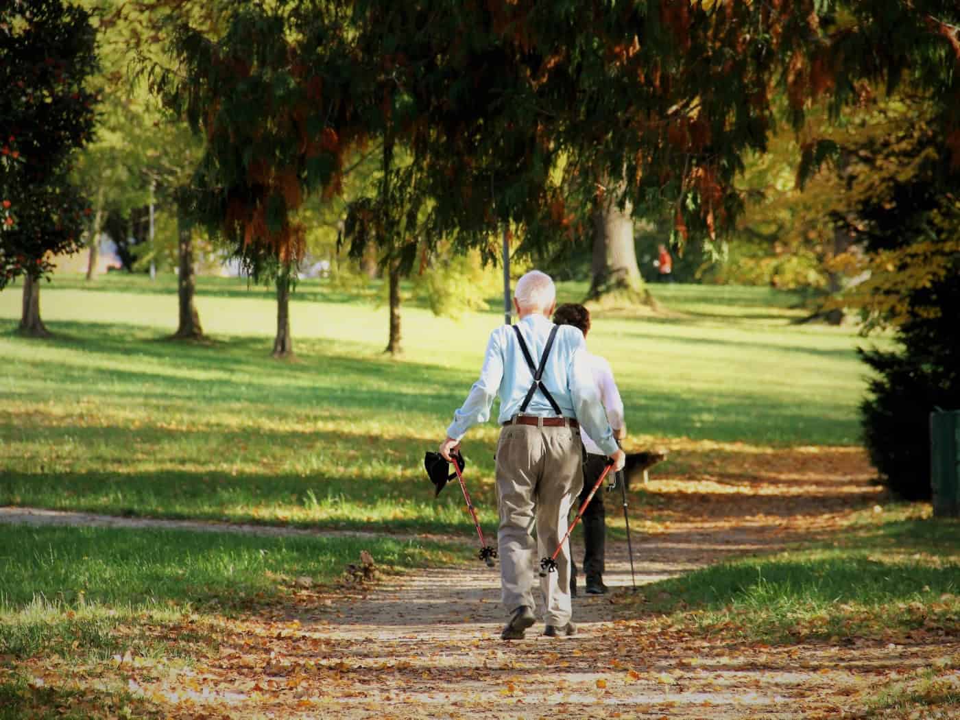 Rückansicht eines älteren Mannes mit Hosenträgern und Nordic-Walking-Stöcken, der mit einer Begleitperson auf einem Weg durch einen Park geht. Rundherum erstrecken sich grüne Wiesen und sonnige, herbstliche Bäume.