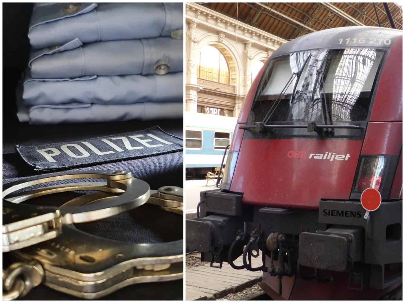 Zweigeteiltes Bild: Links liegen silberne Handschellen vor einer Polizei-Uniform mit Aufschrift. Rechts steht die rote Front eines ÖBB-Railjet-Zuges von Siemens in einer historischen Bahnhofshalle.
