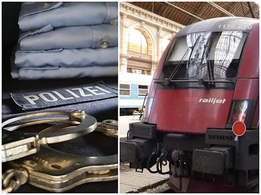 Zweigeteiltes Bild: Links liegen silberne Handschellen vor einer Polizei-Uniform mit Aufschrift. Rechts steht die rote Front eines ÖBB-Railjet-Zuges von Siemens in einer historischen Bahnhofshalle.