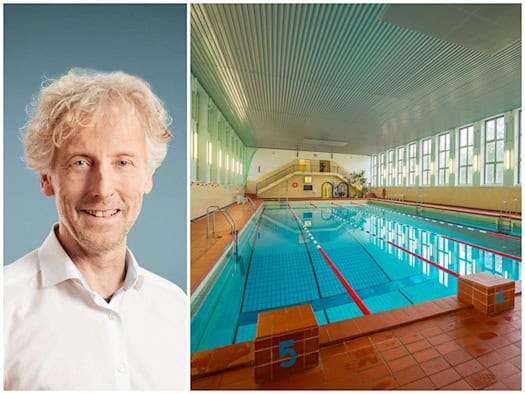 Zweiteilige Collage: Links Porträt von Grünen-Politiker Torsten Schulze, rechts die Innenansicht der alten Schwimmhalle Klotzsche mit Schwimmbecken, gefliesten Startblöcken und einer Fensterfront.