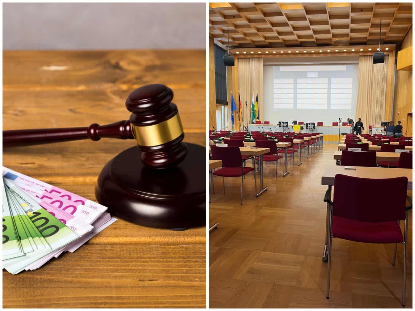 Zweigeteiltes Bild: Links liegt ein hölzerner Auktionshammer neben Euro-Geldscheinen auf einem Holztisch. Rechts ist der leere Plenarsaal des Neuen Rathauses Dresden mit Sitzreihen, roten Stühlen und einer Rednerbühne im Hintergrund zu sehen.