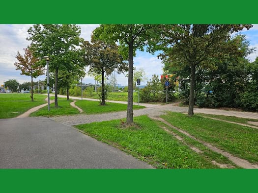 Ein asphaltierter Fuß- und Radweg führt an einer Grünfläche vorbei. Deutlich sichtbare, unbefestigte Trampelpfade wurden von Radfahrern quer über die Wiese gefahren, um den zickzackförmigen Pflasterweg abzukürzen. Bäume und Straßenschilder säumen das Areal.