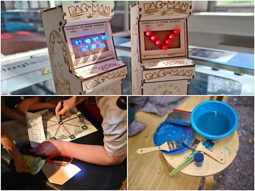 Dreiteilige Collage: Oben stehen zwei aus Holz gebaute Pac-Man-Miniatur-Spielautomaten mit leuchtenden blauen und roten LED-Dioden. Unten links löst jemand ein Papierrätsel. Unten rechts stehen Pinsel, blaue Farbe und Wasser auf einem Hocker.