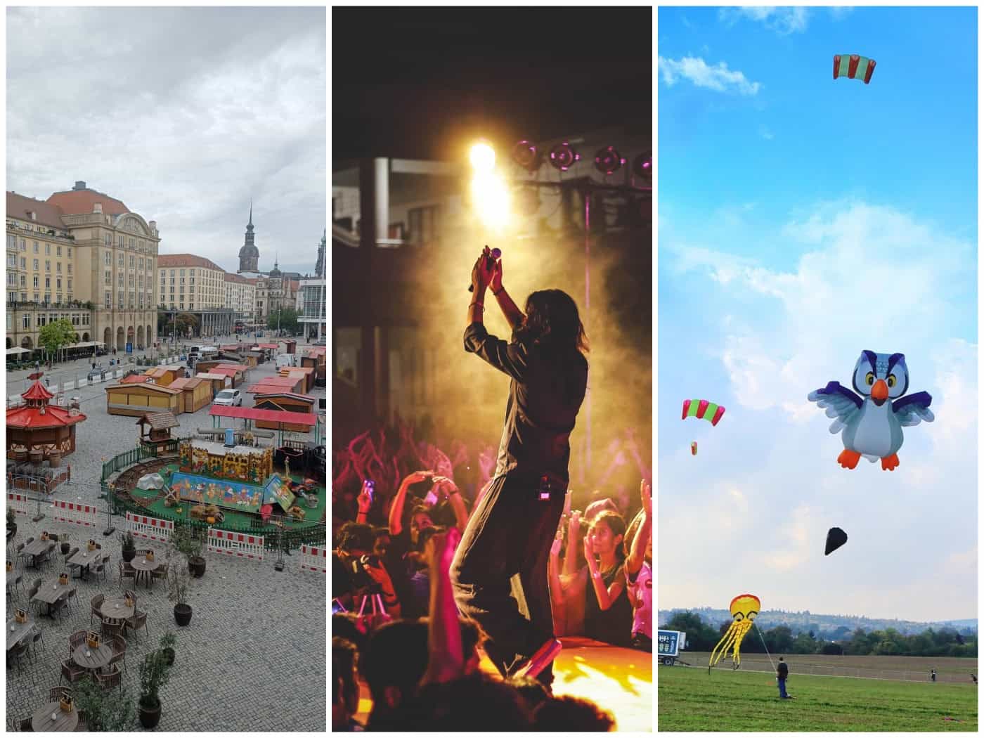 Dreiteilige Collage: Links der Dresdner Herbstmarkt auf dem Altmarkt von oben gesehen, in der Mitte ein stimmungsvolles Live-Konzert im Scheinwerferlicht und rechts bunte Drachen wie eine Eule am blauen Himmel über einer grünen Wiese.