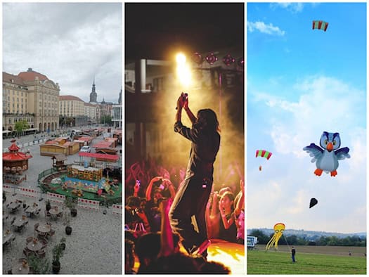 Dreiteilige Collage: Links der Dresdner Herbstmarkt auf dem Altmarkt von oben gesehen, in der Mitte ein stimmungsvolles Live-Konzert im Scheinwerferlicht und rechts bunte Drachen wie eine Eule am blauen Himmel über einer grünen Wiese.