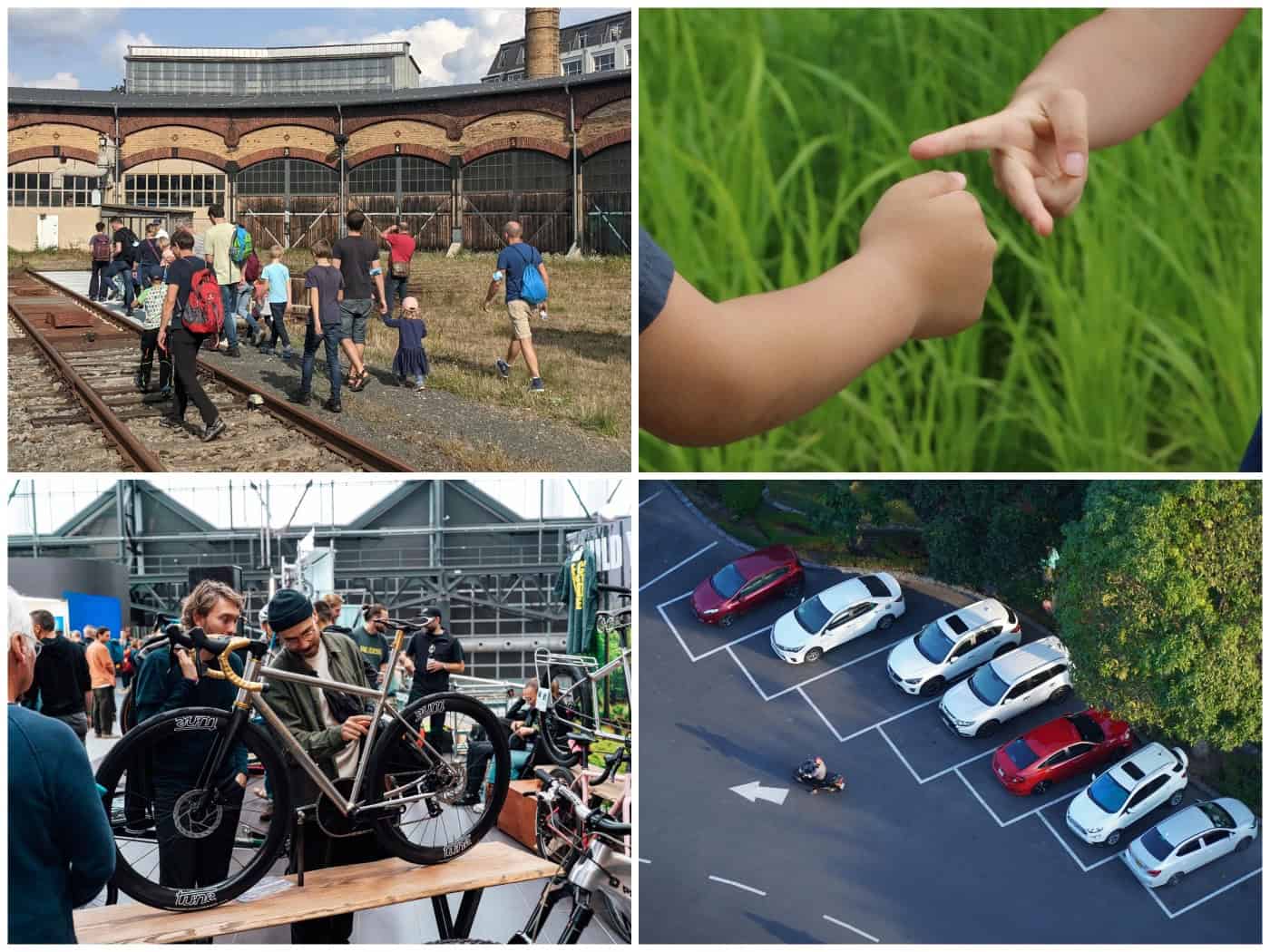 Vierteilige Fotocollage: Oben links Besucher auf Gleisen am Eisenbahnmuseum; oben rechts Kinderhände bei Schere-Stein-Papier; unten links ein maßgefertigtes Fahrrad auf einer Messe; unten rechts Autos auf Schrägparkplätzen aus der Vogelperspektive.