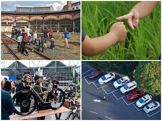 Vierteilige Fotocollage: Oben links Besucher auf Gleisen am Eisenbahnmuseum; oben rechts Kinderhände bei Schere-Stein-Papier; unten links ein maßgefertigtes Fahrrad auf einer Messe; unten rechts Autos auf Schrägparkplätzen aus der Vogelperspektive.