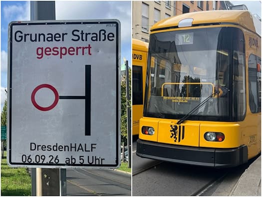 Zweigeteiltes Bild: Links ein weißes Hinweisschild mit der Aufschrift „Grunaer Straße gesperrt DresdenHALF 06.09.26 ab 5 Uhr“. Rechts die Frontansicht einer gelben Straßenbahn der Dresdner Verkehrsbetriebe (DVB) mit der Linienanzeige „12“.