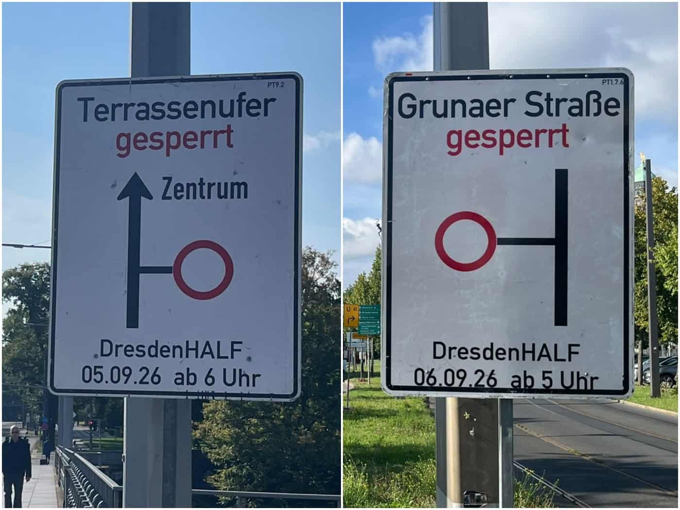 Zweigeteiltes Foto von Hinweisschildern in Dresden: Links steht „Terrassenufer gesperrt“ ab 5.9.26 (6 Uhr), rechts „Grunaer Straße gesperrt“ ab 6.9.26 (5 Uhr) mit Umleitungsskizzen für den Halbmarathon DresdenHALF.