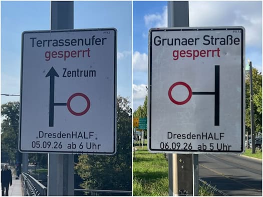 Zweigeteiltes Foto von Hinweisschildern in Dresden: Links steht „Terrassenufer gesperrt“ ab 5.9.26 (6 Uhr), rechts „Grunaer Straße gesperrt“ ab 6.9.26 (5 Uhr) mit Umleitungsskizzen für den Halbmarathon DresdenHALF.