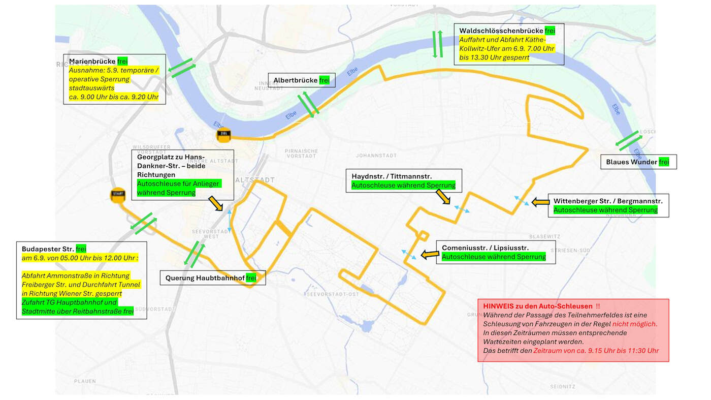 Streckenkarte und Verkehrsleiterklärungen zum Halbmarathon DresdenHALF Stadtkarte von Dresden mit der orange markierten Laufstrecke des DresdenHALF. Grünes Feedback-Feld markiert befahrbare Elbbrücken wie das Blaue Wunder sowie Standorte von Autoschleusen für Anwohner im Stadtgebiet.