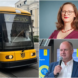 Dreigeteilte Collage: Links fährt eine gelbe DVB-Straßenbahn der Linie 12. Rechts oben ist Grünen-Politikerin Susanne Krause zu sehen, darunter Oberbürgermeister Dirk Hilbert bei einer Ansprache mit Mikrofon vor einem gelben Dresden-Logo.