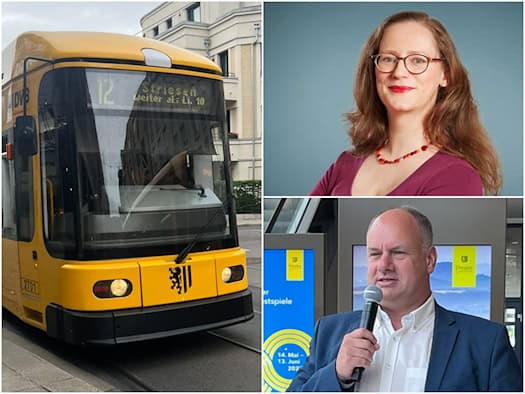 Dreigeteilte Collage: Links fährt eine gelbe DVB-Straßenbahn der Linie 12. Rechts oben ist Grünen-Politikerin Susanne Krause zu sehen, darunter Oberbürgermeister Dirk Hilbert bei einer Ansprache mit Mikrofon vor einem gelben Dresden-Logo.