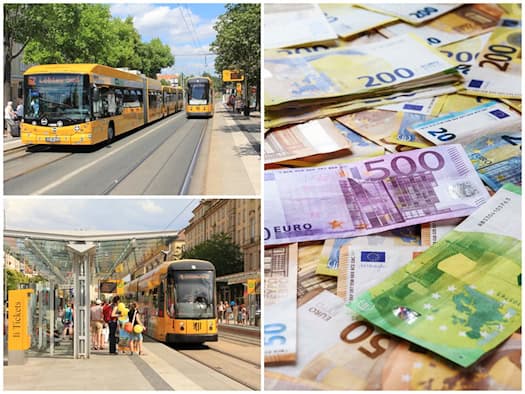 Dreiteilige Collage: Links oben ein gelber Bus und eine Straßenbahn im Verkehr, links unten eine DVB-Straßenbahn an einer modernen Haltestelle mit Fahrgästen. Rechts ein Haufen verschiedener Euro-Gelscheine.