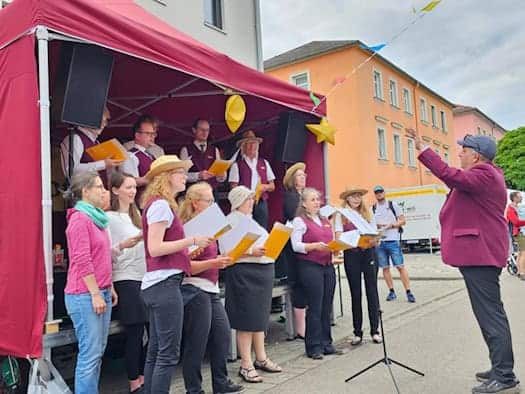 Der DVB-Betriebschor singt in roten Westen mit Notenmappen auf einer überdachten Bühne. Rechts steht Chorleiter Jan Lang in dunkler Jacke und Schiebermütze und dirigiert die Sängerinnen und Sänger mit erhobener Hand.