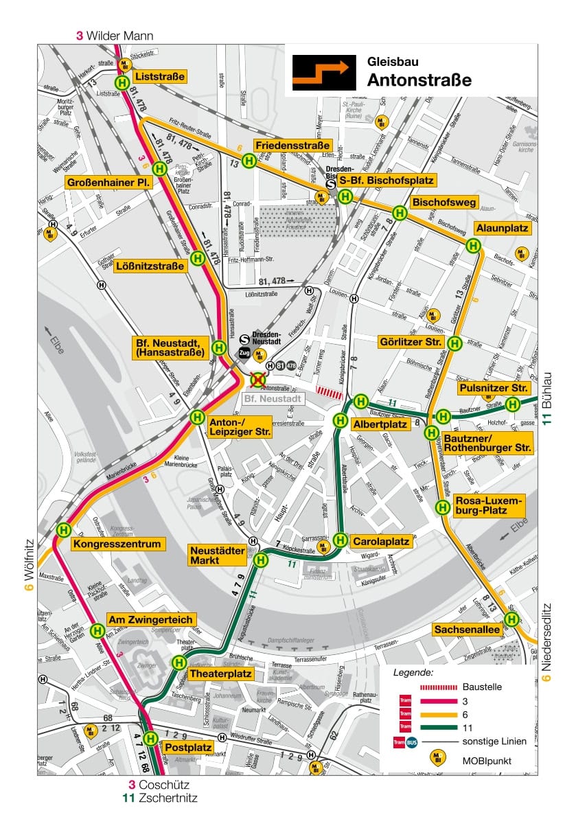 Übersichtskarte der DVB-Umleitungen wegen Gleisbauarbeiten auf der Antonstraße Grafischer Liniennetzplan der DVB für die Baustelle Antonstraße. Farbig eingezeichnet sind die Umleitungsstrecken der Straßenbahnlinien 3, 6 und 11 um den Bahnhof Neustadt sowie alternative MOBIbike-Stationen.