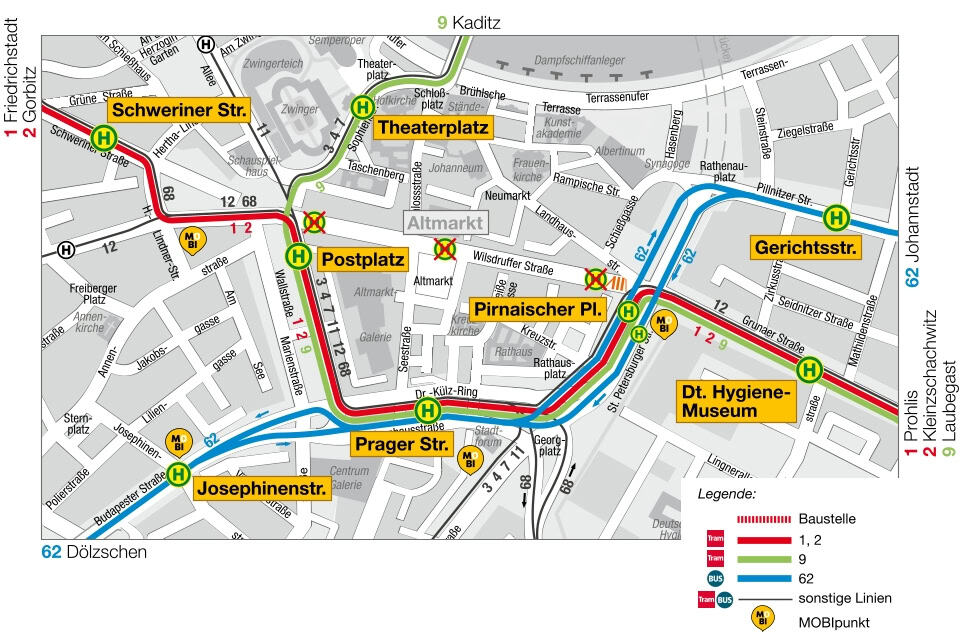 Netzplan der DVB für die erste Bauphase vom 5. bis 9. Oktober am Pirnaischen Platz Dresden. Farbige Linien markieren die Umleitung der Straßenbahnlinien 1, 2 und 9 über Prager Straße und Dr.-Külz-Ring.