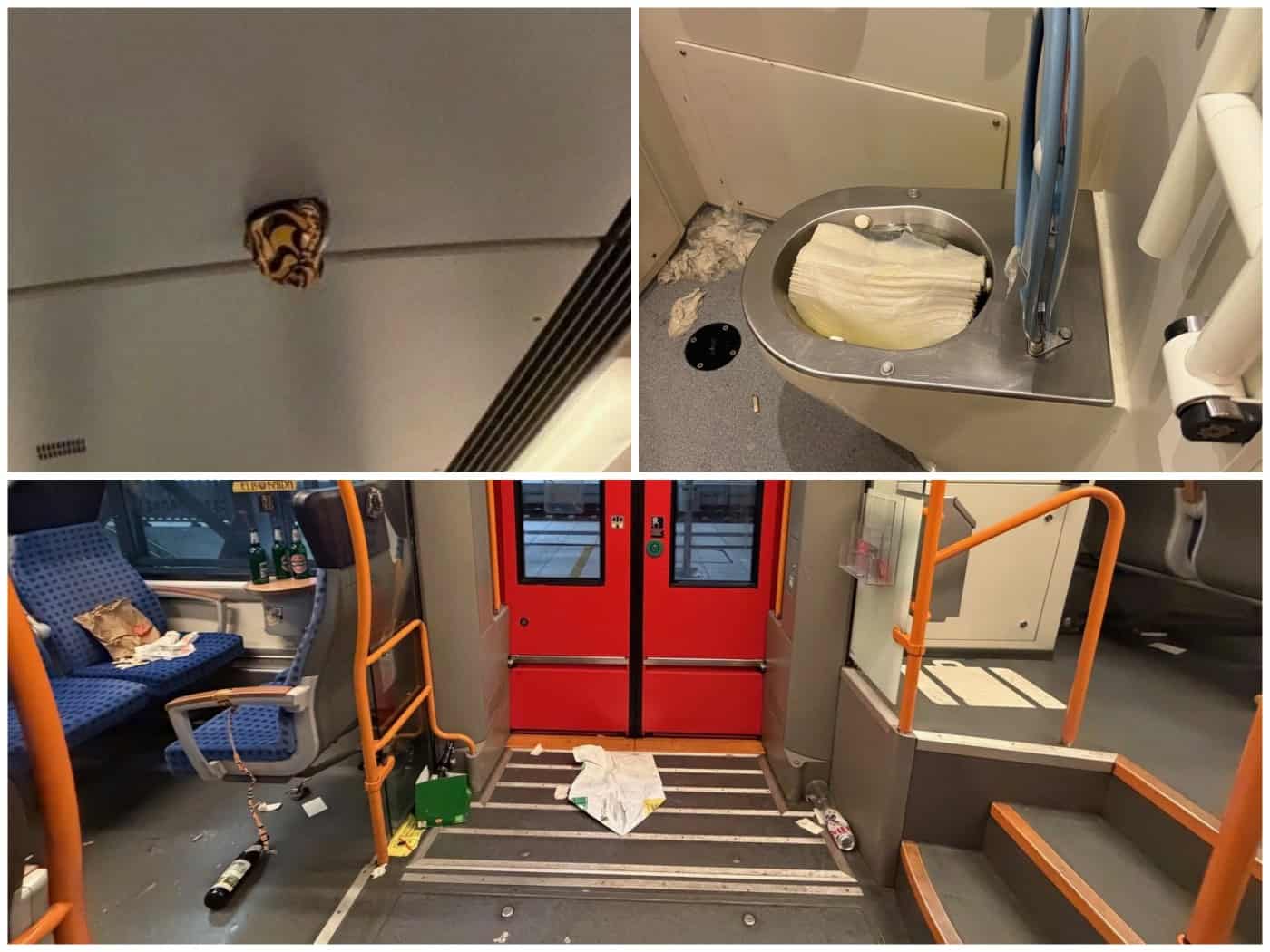 Bildcollage aus einem Zug: Oben links eine mit Stickern abgeklebte Kamera, oben rechts eine mit Papiertüchern verstopfte Toilette. Unten ein vermüllter Wageneingangsbereich mit Bierflaschen und Unrat auf den Sitzen und dem Boden.