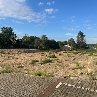 Weite, brachliegende Schotterfläche des ehemaligen Operettenareals in Dresden-Leuben. Im Vordergrund gepflasterter Parkplatzboden, im Hintergrund eine Baumreihe unter leicht bewölktem blauem Himmel und rechts eine rote Gebäudewand.