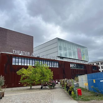 Außenansicht des modernen Gebäudes im Kraftwerk Mitte mit rostroter Fassade. Groß gedruckt stehen die Schriftzüge „THEATER JUNGE GENERATION“ und „STAATSOPERETTE DRESDEN“ an der Front. Davor ein Vorplatz mit Bäumen unter bedecktem Himmel.