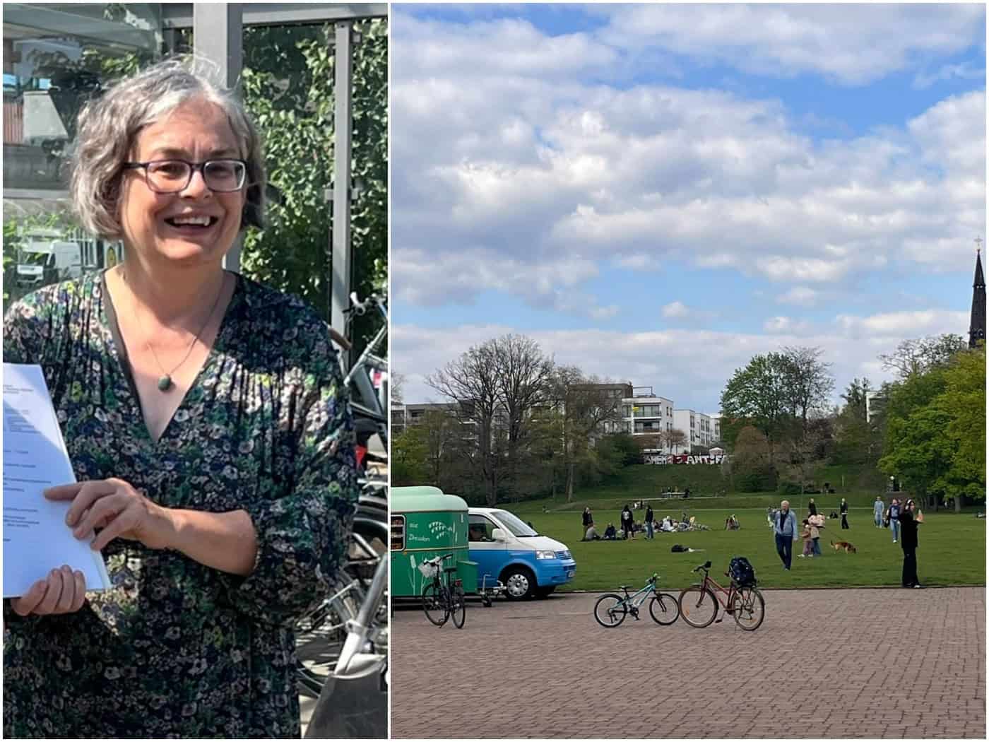 Zweigeteiltes Bild: Links steht Umweltbürgermeisterin Eva Jähnigen lächelnd mit Brille im gemusterten Oberteil und zeigt auf ein Dokument. Rechts ist der sonnige Alaunpark in Dresden mit grüner Wiese, Bäumen, parkenden Fahrrädern und Personen zu sehen.