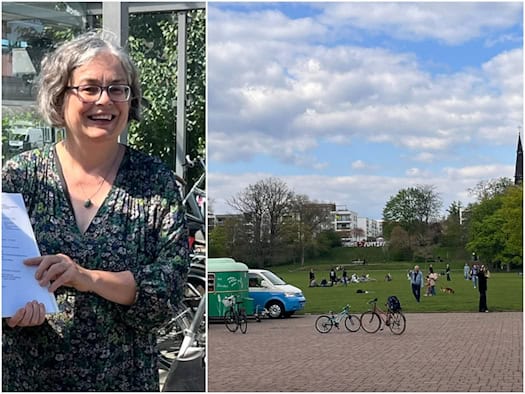 Zweigeteiltes Bild: Links steht Umweltbürgermeisterin Eva Jähnigen lächelnd mit Brille im gemusterten Oberteil und zeigt auf ein Dokument. Rechts ist der sonnige Alaunpark in Dresden mit grüner Wiese, Bäumen, parkenden Fahrrädern und Personen zu sehen.