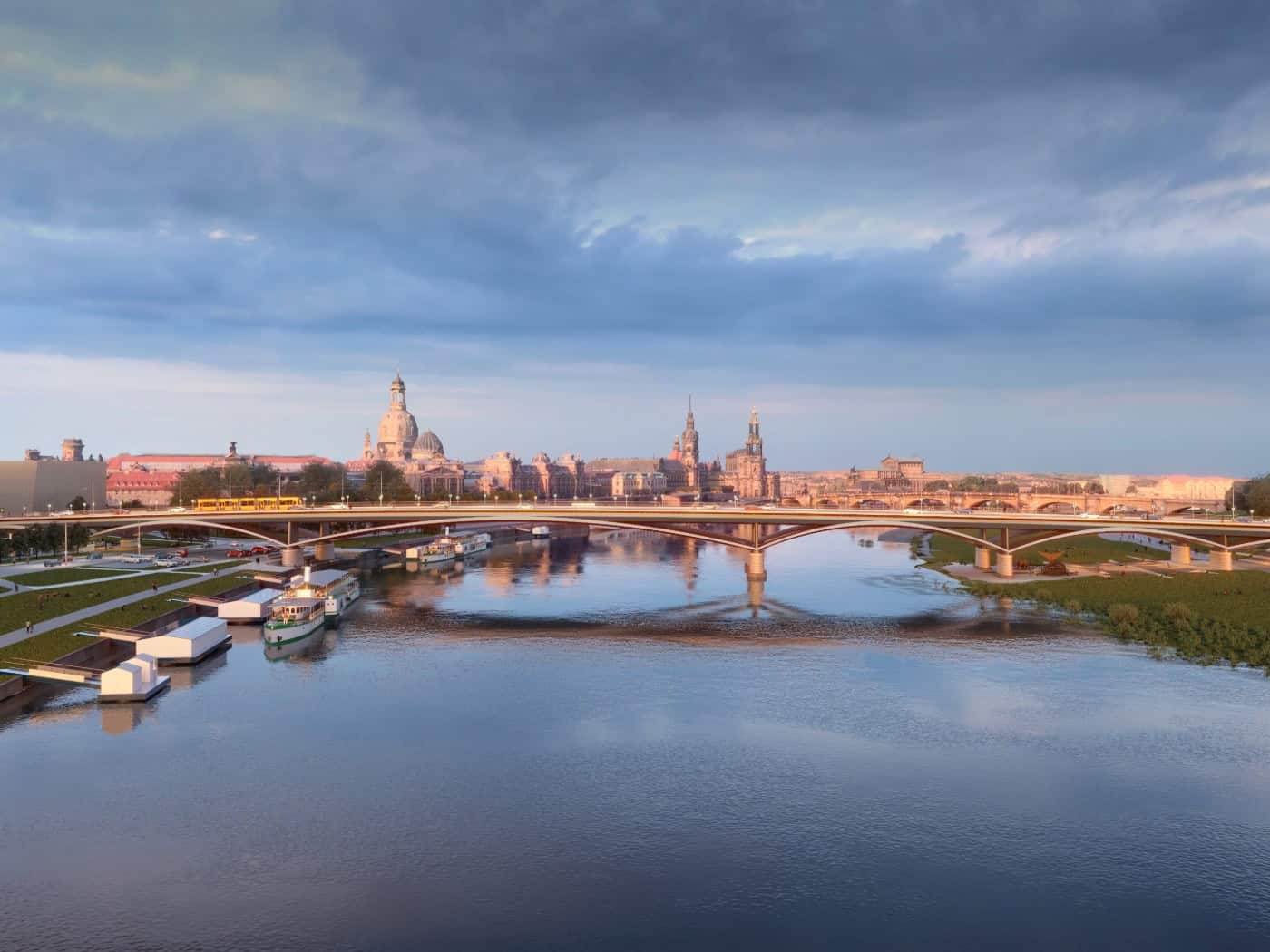 Virtuelle Entwurfsansicht einer Bogenbrücke über die Elbe vor der Dresdner Altstadtkulisse. Die mehrfeldrige Brücke mit geschwungenen Pfeilern fügt sich in die Flusslandschaft ein. Im Hintergrund sind historische Bauten wie die Frauenkirche zu sehen.