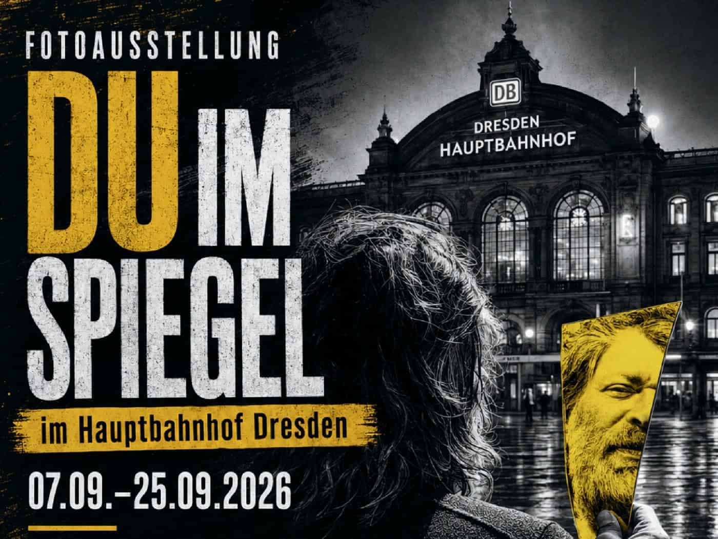 Veranstaltungsplakat zur Fotoausstellung „Du im Spiegel“ im Dresdner Hauptbahnhof (07.09.–25.09.2026). Zu sehen ist die Rückansicht einer Person, die ein Spiegelfragment mit dem Gesicht eines Mannes hält. Im Hintergrund ist die Fassade des Hauptbahnhofs abgebildet.