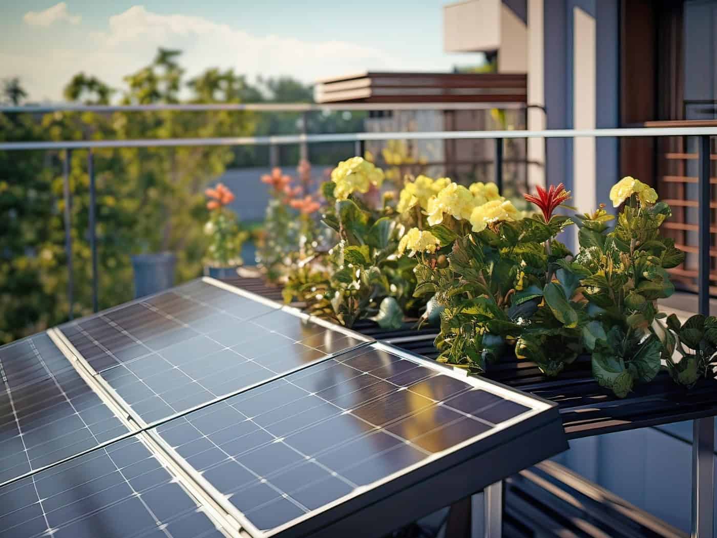 Balkonkraftwerk mit Solarmodulen und Blumen auf einem Geländer