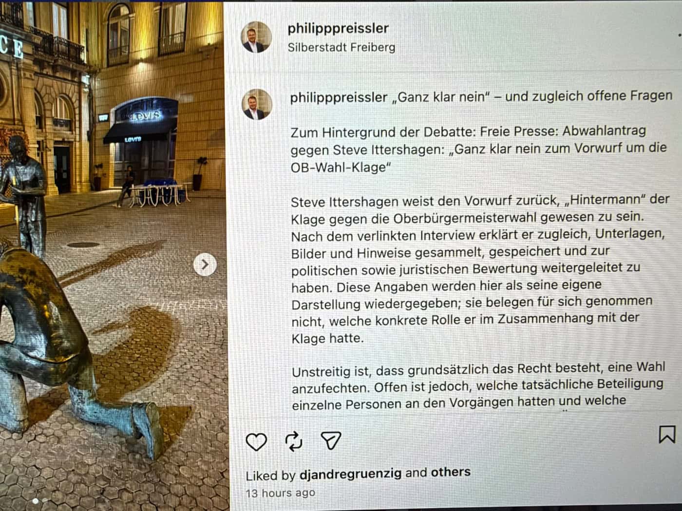 Zum ersten Mal nach dem Vorfall: Freiberger OB Preißler meldet sich aus Lissabon
