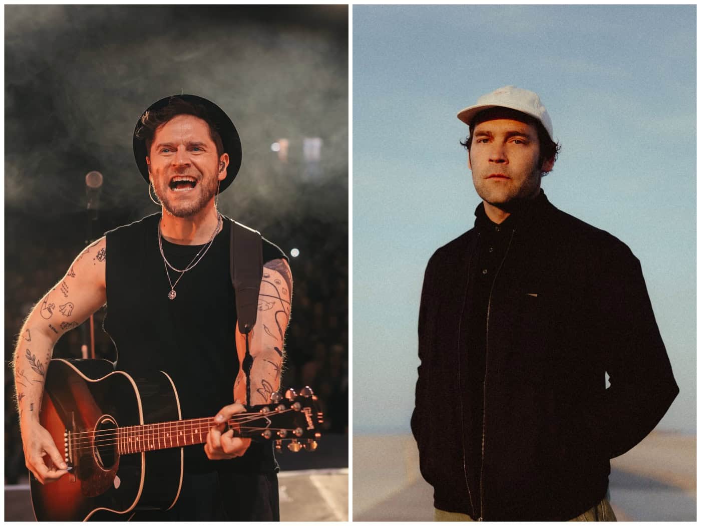 Zweigeteiltes Porträtfoto: Links Sänger Johannes Oerding beim Auftritt mit Akustikgitarre, Hut und ärmellosem Shirt. Rechts Musik-Kollege Bosse in schwarzer Jacke und weißer Schirmmütze im Freien.