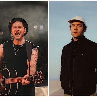 Zweigeteiltes Porträtfoto: Links Sänger Johannes Oerding beim Auftritt mit Akustikgitarre, Hut und ärmellosem Shirt. Rechts Musik-Kollege Bosse in schwarzer Jacke und weißer Schirmmütze im Freien.