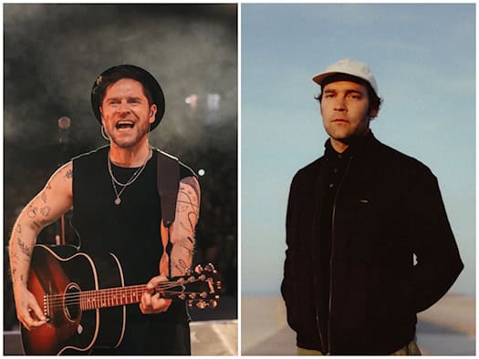 Zweigeteiltes Porträtfoto: Links Sänger Johannes Oerding beim Auftritt mit Akustikgitarre, Hut und ärmellosem Shirt. Rechts Musik-Kollege Bosse in schwarzer Jacke und weißer Schirmmütze im Freien.