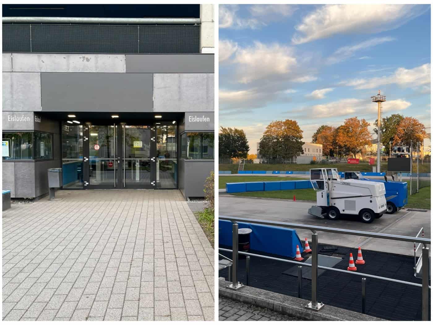 Zweigeteiltes Bild der JOYNEXT Arena Dresden: Links ist der gläserne Eingangsbereich zu sehen, rechts steht eine weiße Eismaschine im Außenbereich vor der Eisschnelllaufbahn unter leicht bewölktem Himmel.