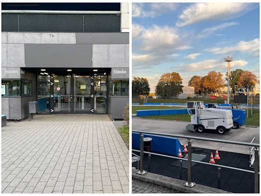 Zweigeteiltes Bild der JOYNEXT Arena Dresden: Links ist der gläserne Eingangsbereich zu sehen, rechts steht eine weiße Eismaschine im Außenbereich vor der Eisschnelllaufbahn unter leicht bewölktem Himmel.
