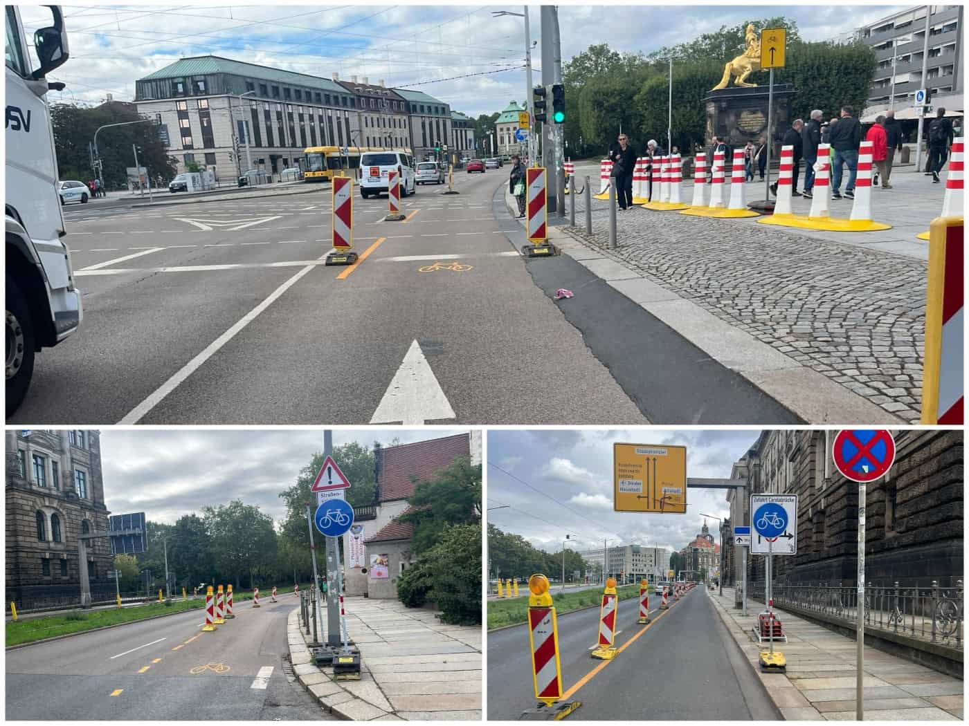 Dreiteilige Fotocollage zur Verkehrsführung in Dresden: Oben ist der Radstreifen am Neustädter Markt mit Baken abgesperrt, rechts steht der Goldene Reiter. Unten links und rechts zeigen Aufnahmen gelbe Behelfsmarkierungen, Radwegschilder und Baken entlang der Straße.