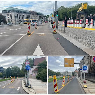 Dreiteilige Fotocollage zur Verkehrsführung in Dresden: Oben ist der Radstreifen am Neustädter Markt mit Baken abgesperrt, rechts steht der Goldene Reiter. Unten links und rechts zeigen Aufnahmen gelbe Behelfsmarkierungen, Radwegschilder und Baken entlang der Straße.