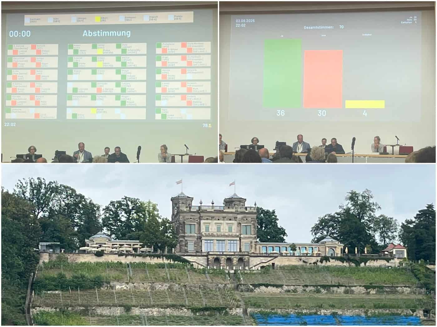 Fotocollage: Oben zwei Aufnahmen der Anzeigetafel im Dresdner Stadtrat mit dem Ergebnis (36 Ja, 30 Nein, 4 Enthaltungen). Unten eine Außenansicht des historischen Lingnerschlosses auf dem Elbhang über einem Weinberg.