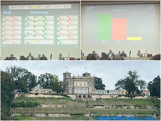 Fotocollage: Oben zwei Aufnahmen der Anzeigetafel im Dresdner Stadtrat mit dem Ergebnis (36 Ja, 30 Nein, 4 Enthaltungen). Unten eine Außenansicht des historischen Lingnerschlosses auf dem Elbhang über einem Weinberg.