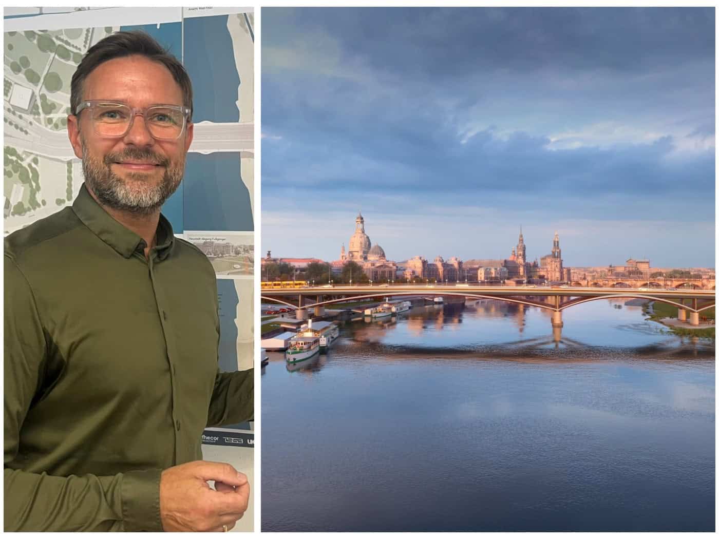 Zweiteilige Collage: Links Architekt Tröber (TSSB architekten) mit Brille und grünem Hemd vor Bauplänen. Rechts Visualisierung der neuen Carolabrücke über der Elbe vor der Kulisse der Dresdner Altstadt im Abendlicht.