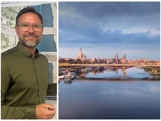 Zweiteilige Collage: Links Architekt Tröber (TSSB architekten) mit Brille und grünem Hemd vor Bauplänen. Rechts Visualisierung der neuen Carolabrücke über der Elbe vor der Kulisse der Dresdner Altstadt im Abendlicht.